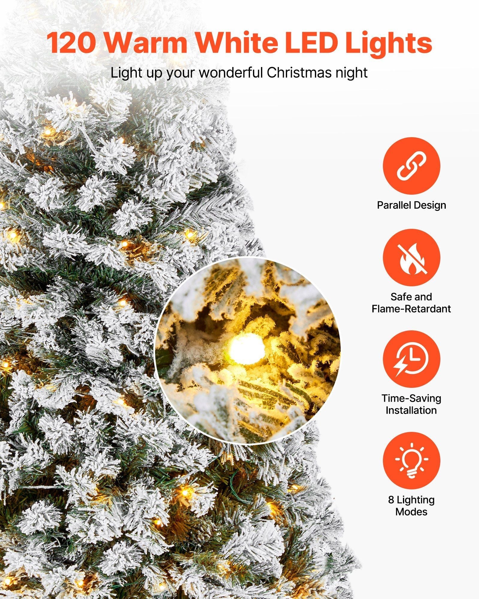 VEVOR Christmas Tree, 4ft Prelit Flocked Artificial Tree, Full Holiday Xmas Deco Trees with 120 Warm White LED Lights, 8 Lighting Modes & 539 Branch Tips for Home Party Office Decoration