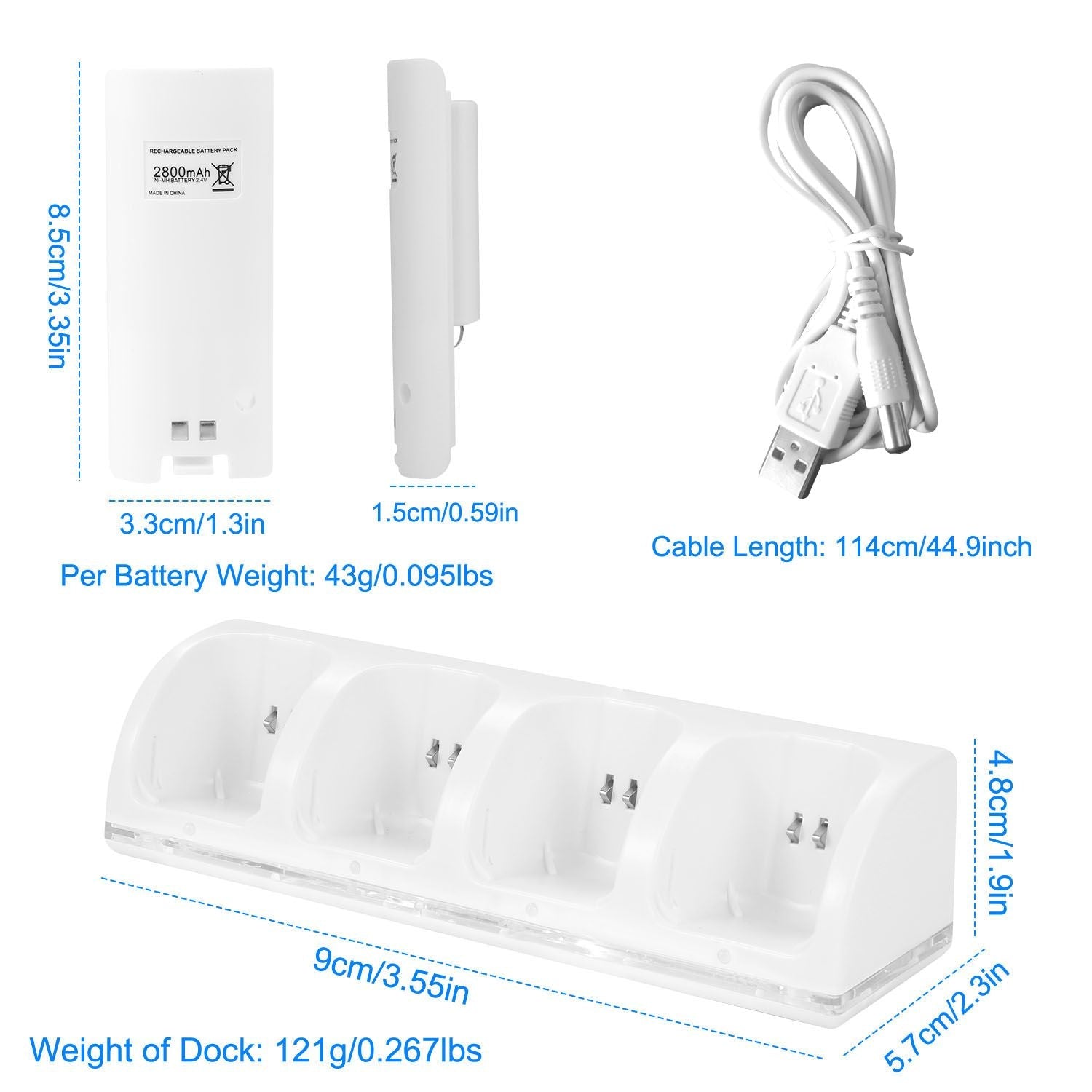 4 Remotes Charging Dock Game Controller Charger 2800mAh Rechargeable Battery Charging Stations w/ LED Indicator for Wii Nintendo