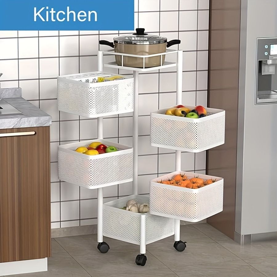 Rotating Kitchen Storage Shelf 5 Tier, Metal Fruit Vegetable Storage Basket Multi-Layer Vegetable Rack Storage Trolley on Wheels, Floor-Standing Basket for Kitchen Bathroom, Square