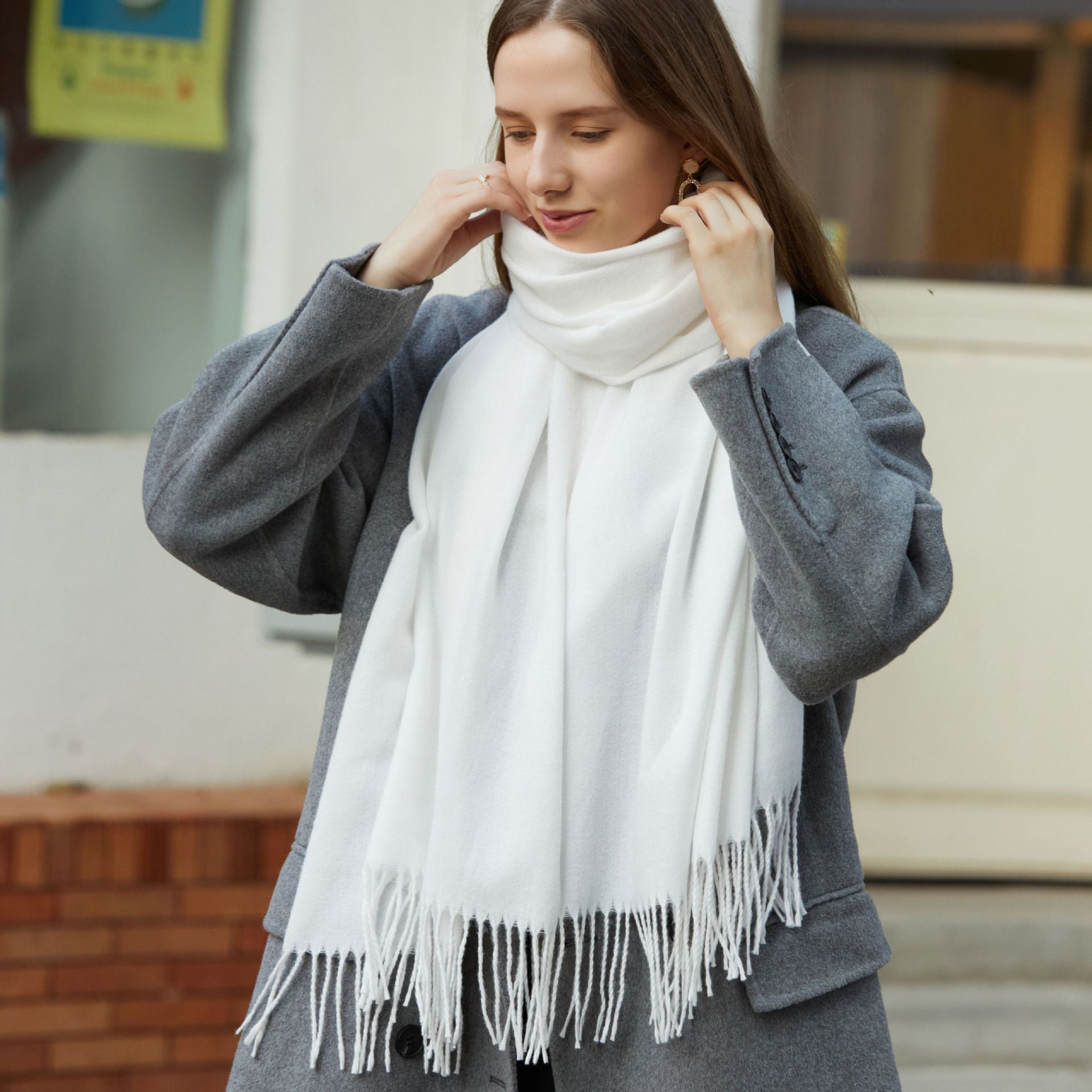 Wholesale Korean simple pure color cashmere like polyester warm shawl monochrome long tassel scarf thickened scarf