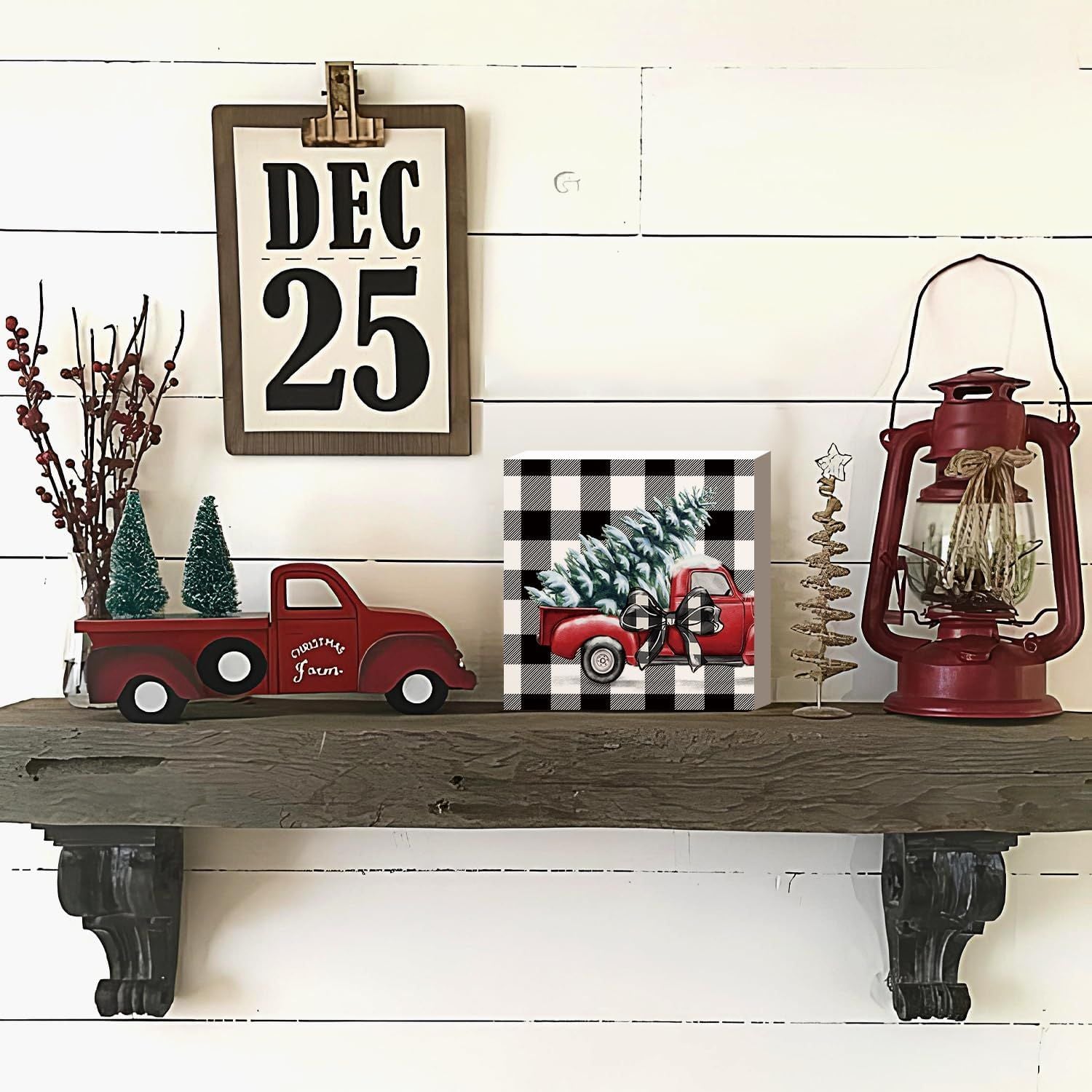 Christmas Decor Red Truck Christmas Wooden Box Signs Buffalo Plaid Christmas Decorations Christmas Decor for Home Office Bedroom Fireplace Car Tiered Tray Decor Christmas Gifts for Women 5x5