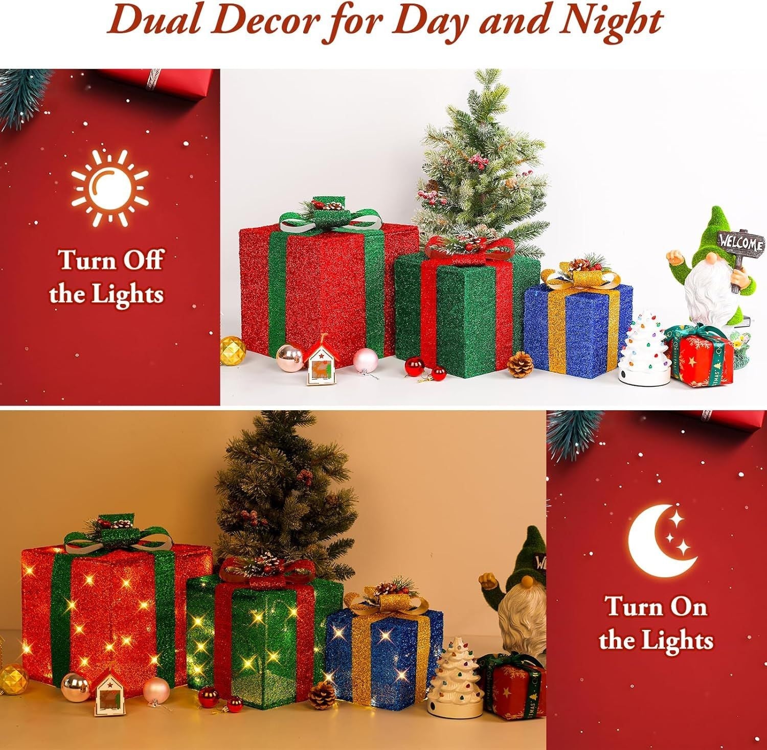 3 Pieces Large Gift Boxes for Christmas Decorations Outdoor, 10" 8" 6" with Pre-lit 70 LED Mini String Lights, Plug-in Warm White Present Boxes with Glitter for Christmas Wedding Party