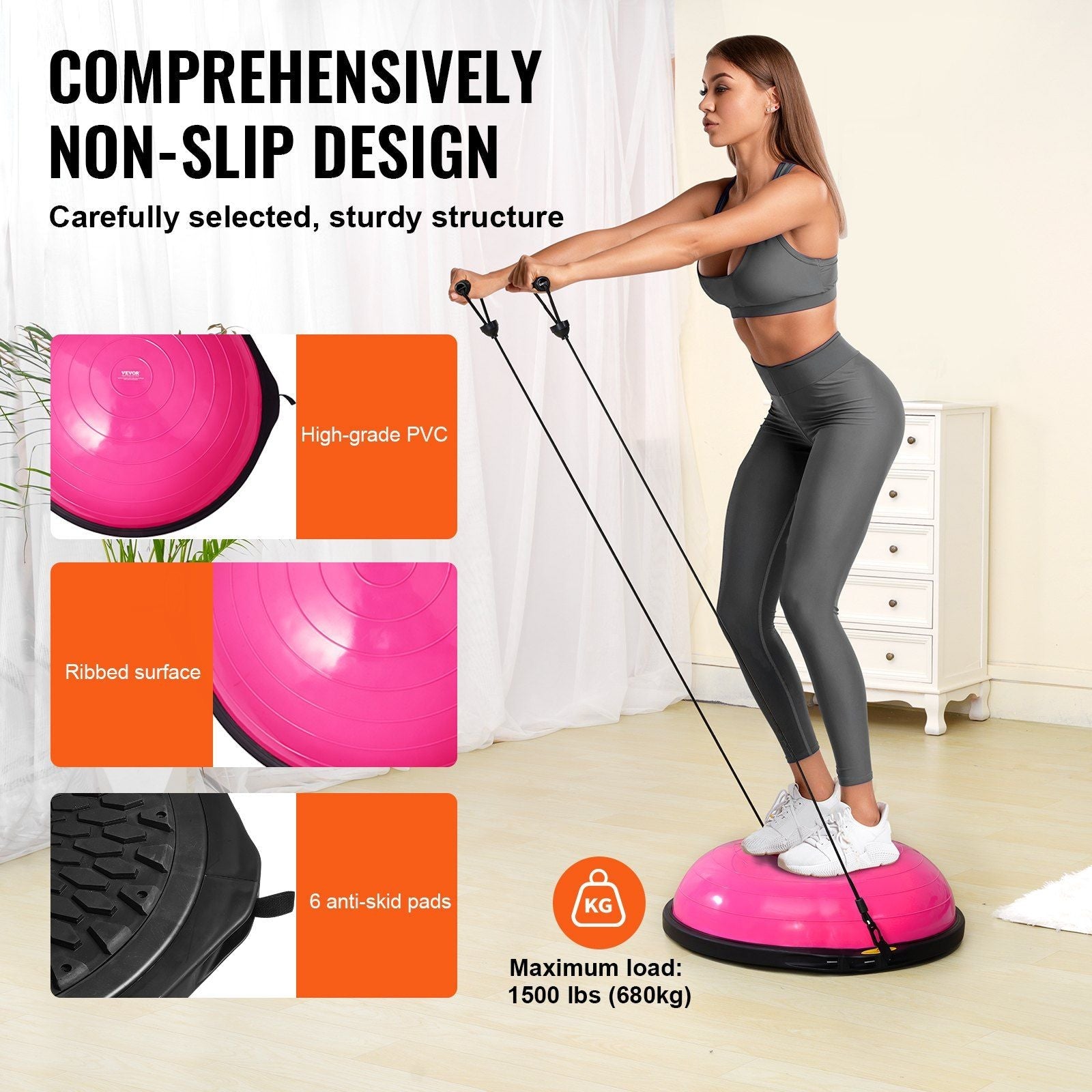 Half Exercise Ball Trainer, 26 inch Balance Ball Trainer, 1500lbs Capacity Stability Ball, Yoga Ball with Resistance Bands & Foot Pump, Strength Fitness Ball for Home Gym Full Body Workout, Pink