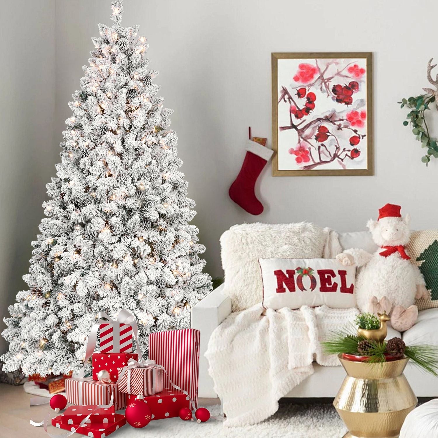 8ft Pre-lit Flocked Christmas Tree with 700 UL Lights & 54 Pine Cones & 1754 Tips Snow Frosted Artificial Xmas Tree