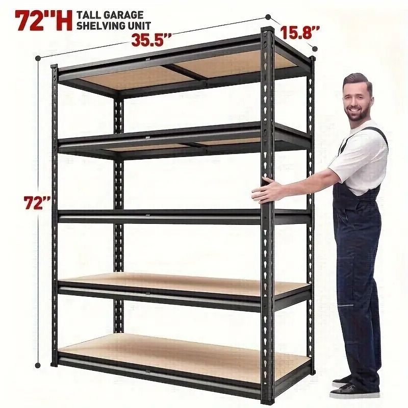 5-Tier Metal Garage Shelving Unit, Adjustable Storage Rack 35.5"W x 72"H x 15.8"D, Multi-Purpose Organizer for Garage, Basement, Utility Room, and Storage Spaces