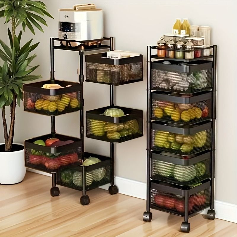 Rotating Kitchen Storage Shelf 5 Tier, Metal Fruit Vegetable Storage Basket Multi-Layer Vegetable Rack Storage Trolley on Wheels, Floor-Standing Basket for Kitchen Bathroom, Square