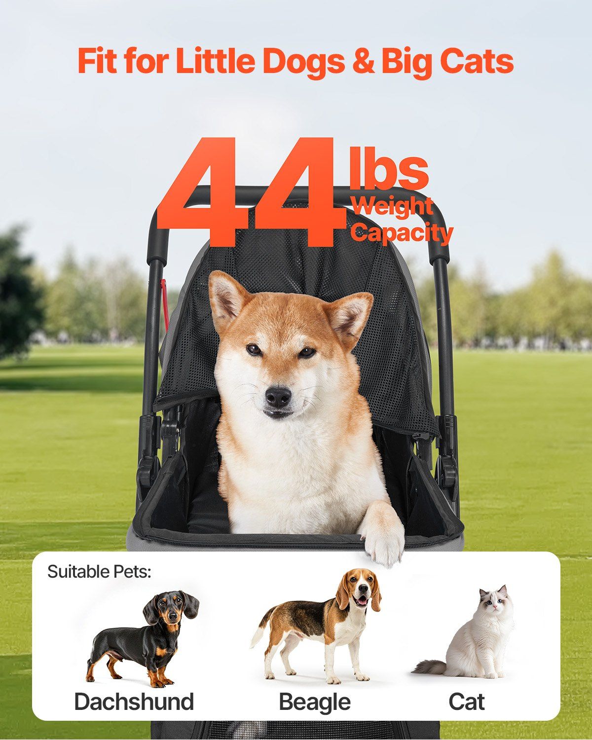 Pet Stroller Foldable 4 Wheels Travel Dog Stroller Reversible Handle up to 44lbs