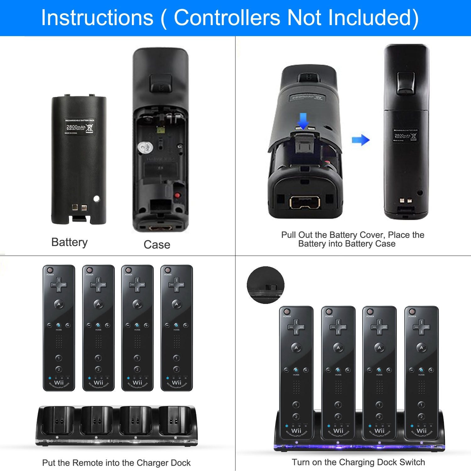 4 Remotes Charging Dock Game Controller Charger 2800mAh Rechargeable Battery Charging Stations w/ LED Indicator for Wii Nintendo