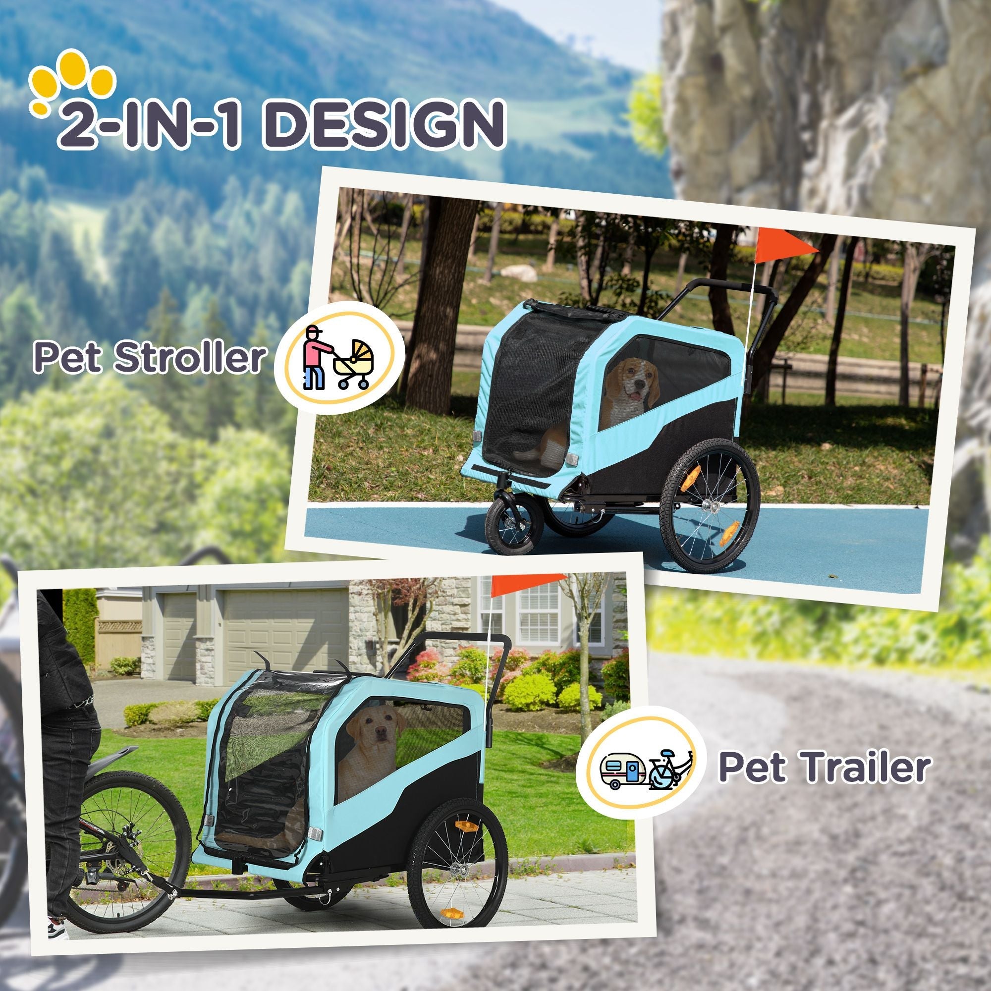 Pet Stroller - 2-in-1 Large Dog Bike Trailer & Stroller Combo with Safety Hitch Quick-release Wheels Foot Support Pet Bicycle Cart