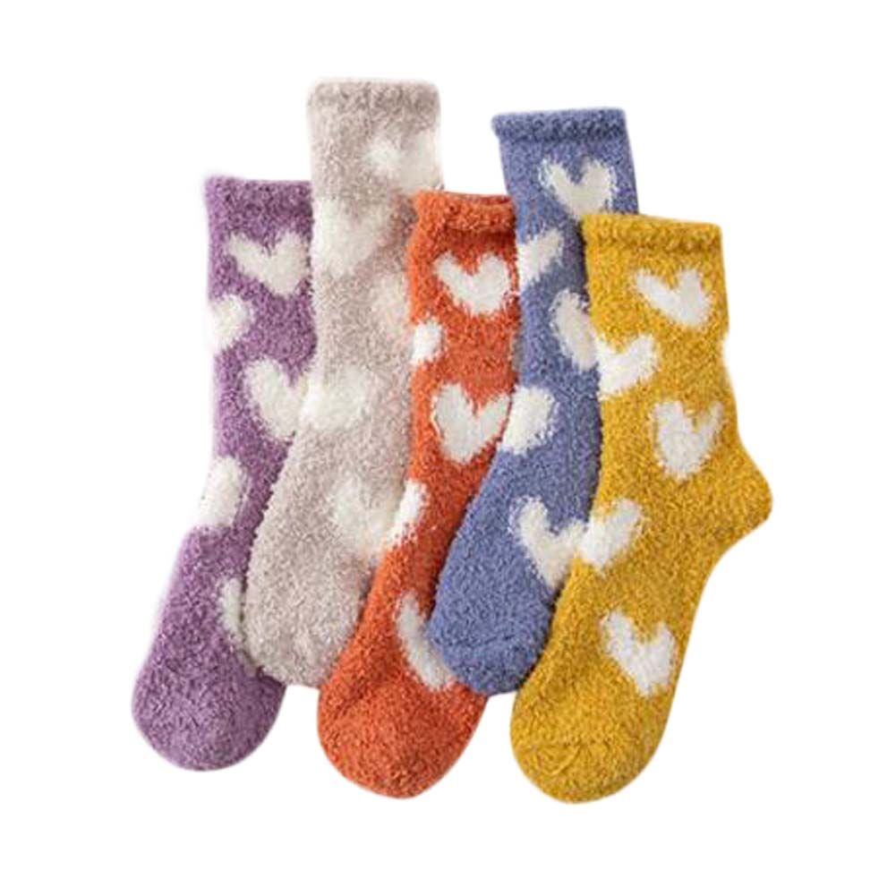 5 Pairs Heart Coral Fleece Socks Women's Sleep Socks Warm Mid-calf Home Socks Plush Floor Socks