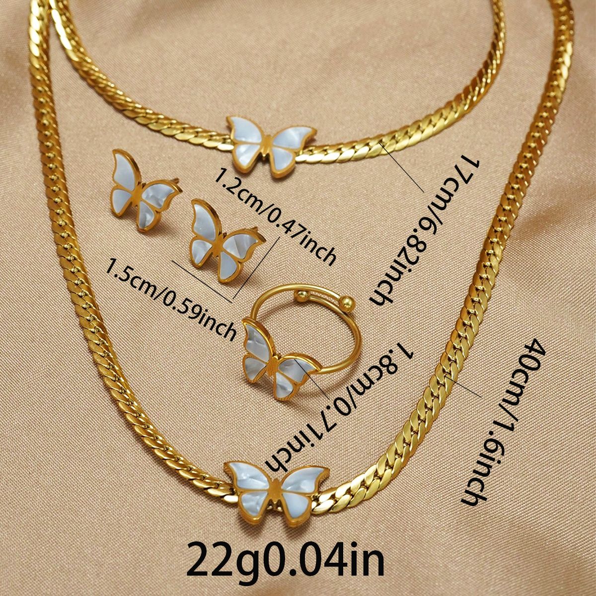 Lxalry 18K Gold Plated Stainless Steel Butterfly Jewelry Set for Women – Hypoallergenic Necklace, Earrings & Adjustable Ring, Waterproof & Tarnish-Free, Elegant Gift for Birthday, Girlfriend, Summer
