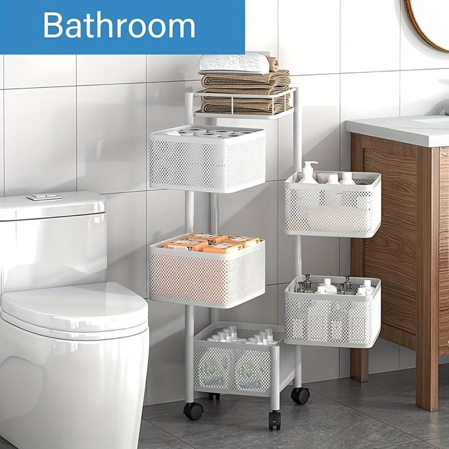 Rotating Kitchen Storage Shelf 5 Tier, Metal Fruit Vegetable Storage Basket Multi-Layer Vegetable Rack Storage Trolley on Wheels, Floor-Standing Basket for Kitchen Bathroom, Square