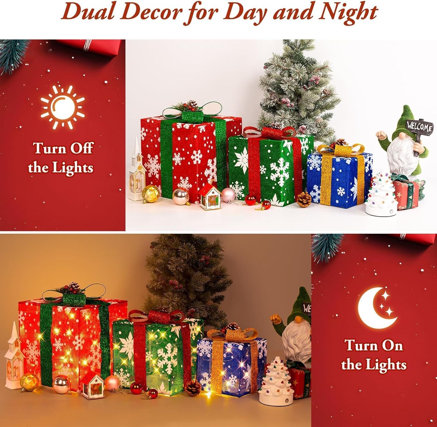 3 Pieces Large Gift Boxes for Christmas Decorations Outdoor, 10" 8" 6" with Pre-lit 70 LED Mini String Lights, Plug-in Warm White Present Boxes with Glitter for Christmas Wedding Party