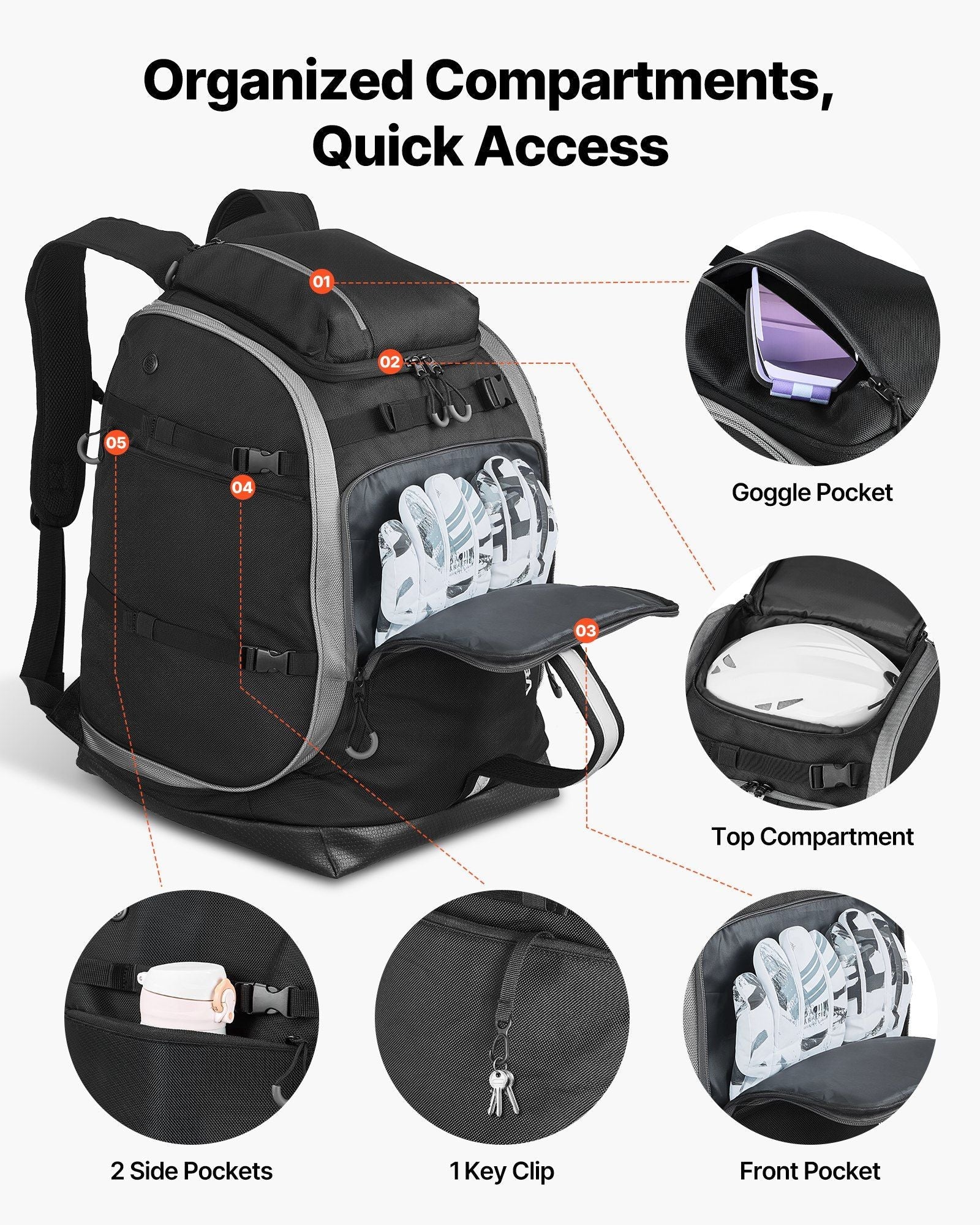 Ski Boot Bag Snowboard Boots Travel Backpack 55L Waterproof Oxford Black