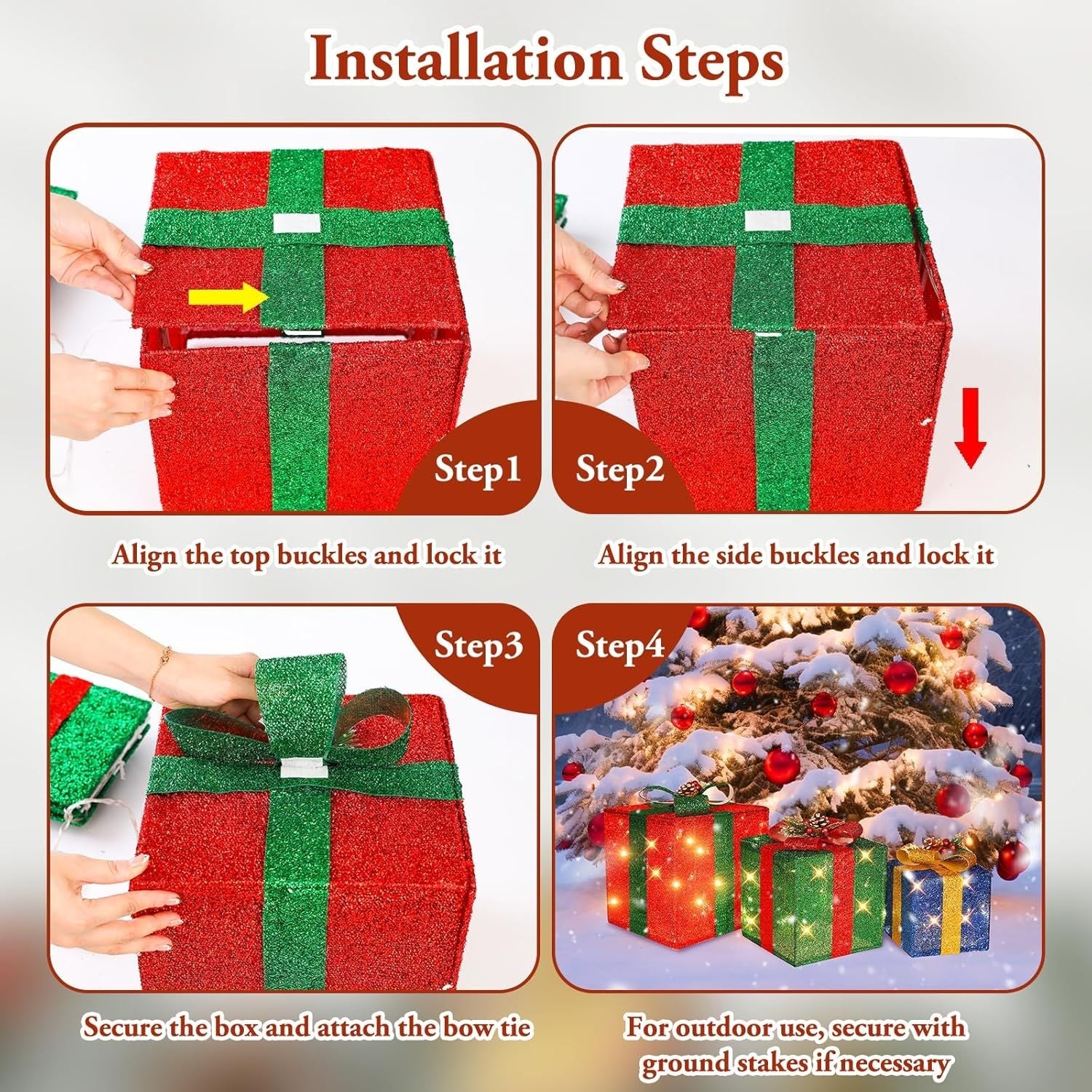 3 Pieces Large Gift Boxes for Christmas Decorations Outdoor, 10" 8" 6" with Pre-lit 70 LED Mini String Lights, Plug-in Warm White Present Boxes with Glitter for Christmas Wedding Party