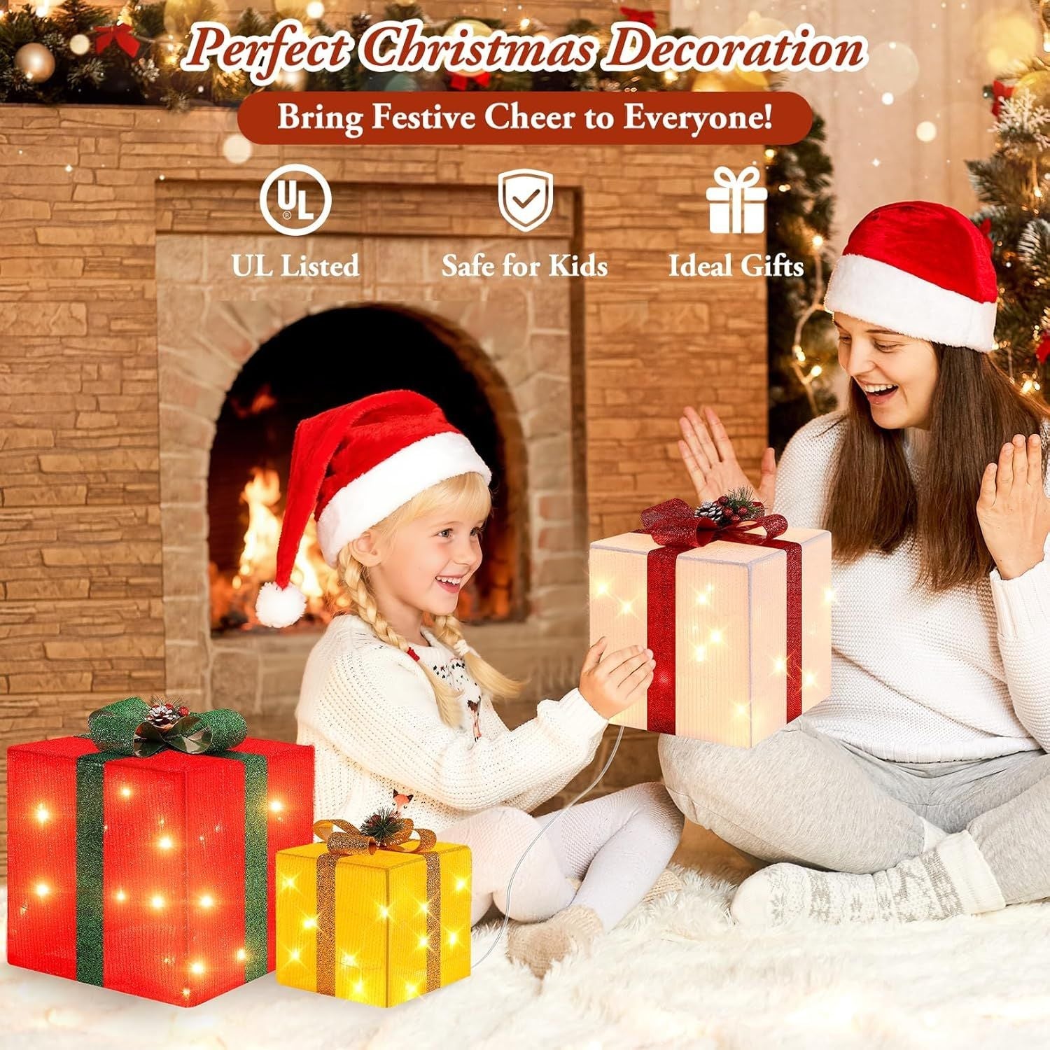 3 Pieces Large Gift Boxes for Christmas Decorations Outdoor, 10" 8" 6" with Pre-lit 70 LED Mini String Lights, Plug-in Warm White Present Boxes with Glitter for Christmas Wedding Party