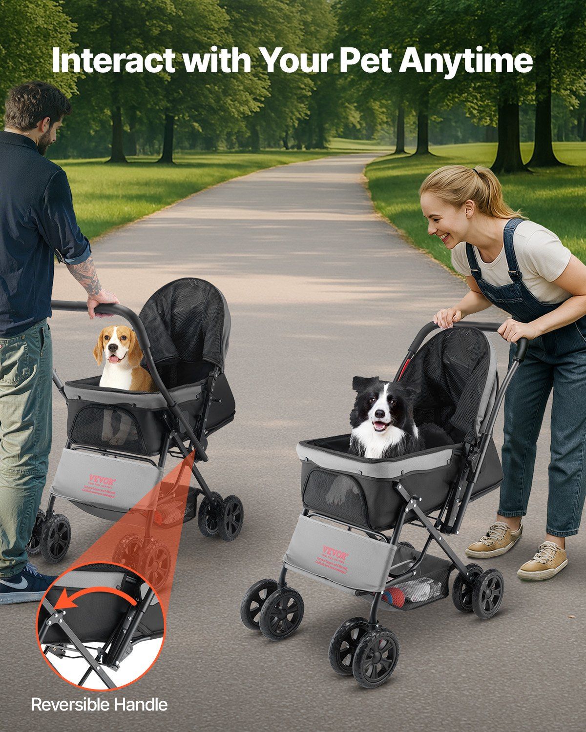 Pet Stroller Foldable 4 Wheels Travel Dog Stroller Reversible Handle up to 44lbs