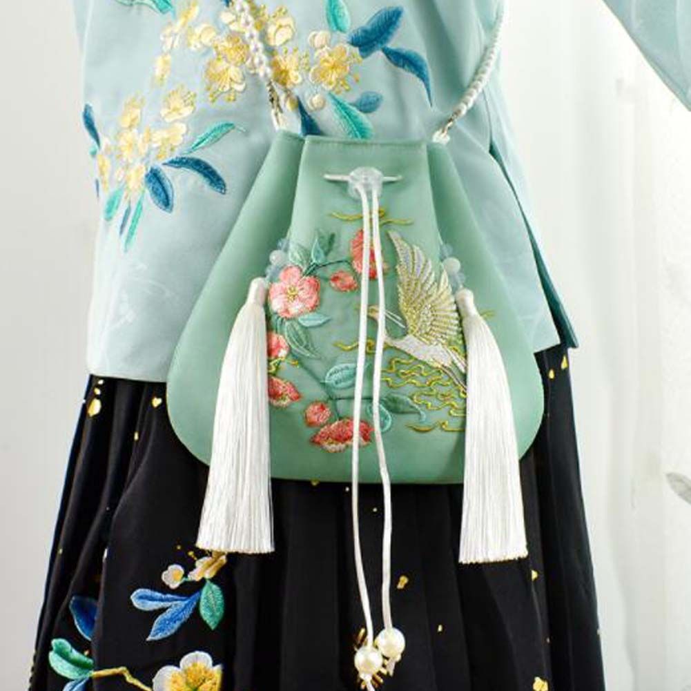 Green Hanfu Crossbody Bag Egret Embroidery Handbag Chinese Style Mini Mobile Canvas Purse