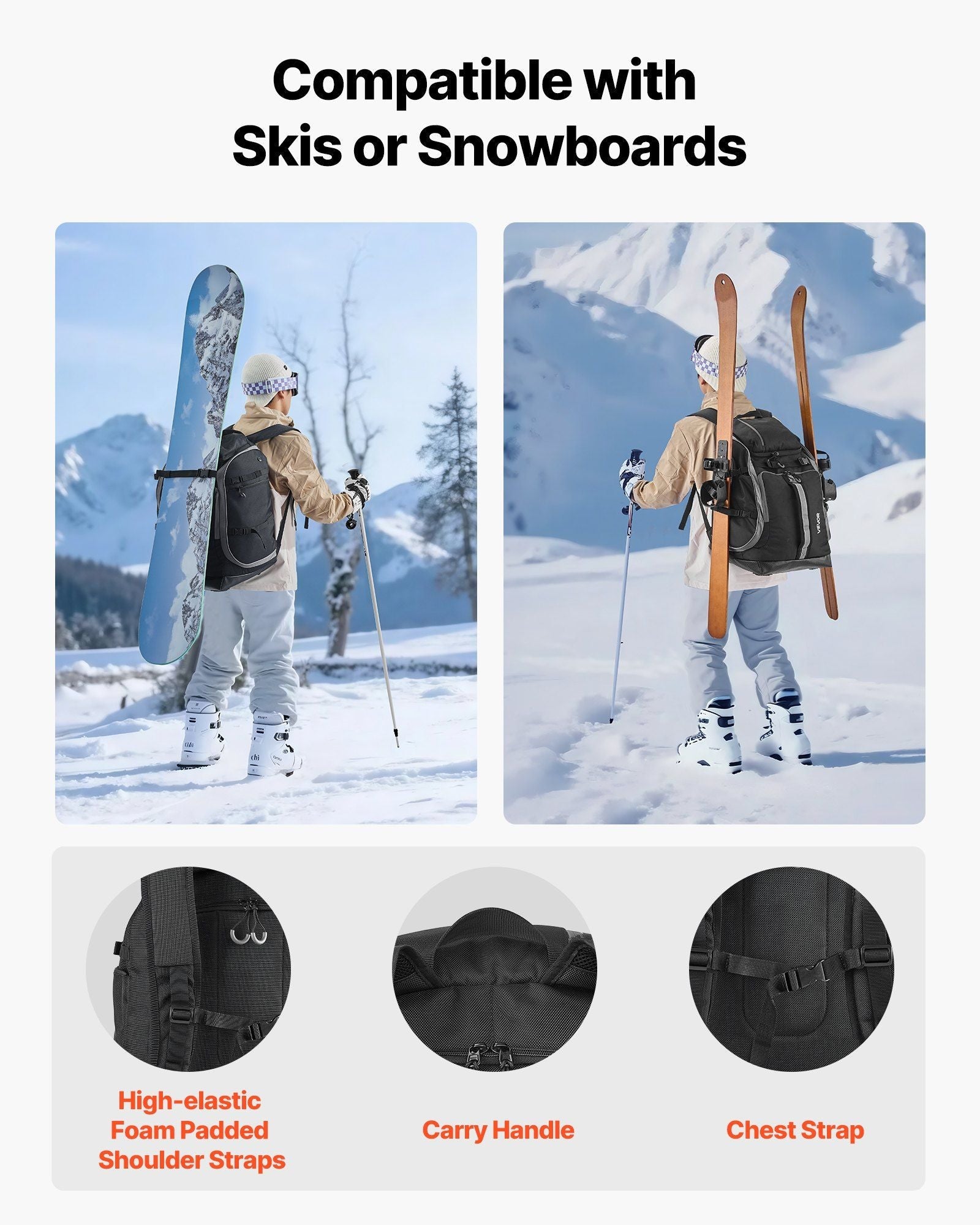 Ski Boot Bag Snowboard Boots Travel Backpack 55L Waterproof Oxford Black