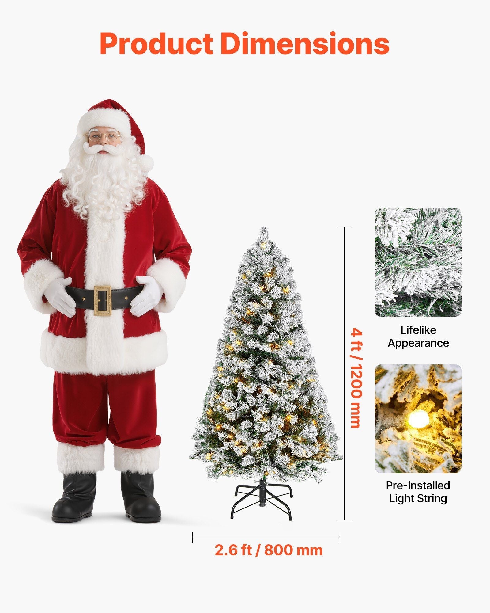 VEVOR Christmas Tree, 4ft Prelit Flocked Artificial Tree, Full Holiday Xmas Deco Trees with 120 Warm White LED Lights, 8 Lighting Modes & 539 Branch Tips for Home Party Office Decoration