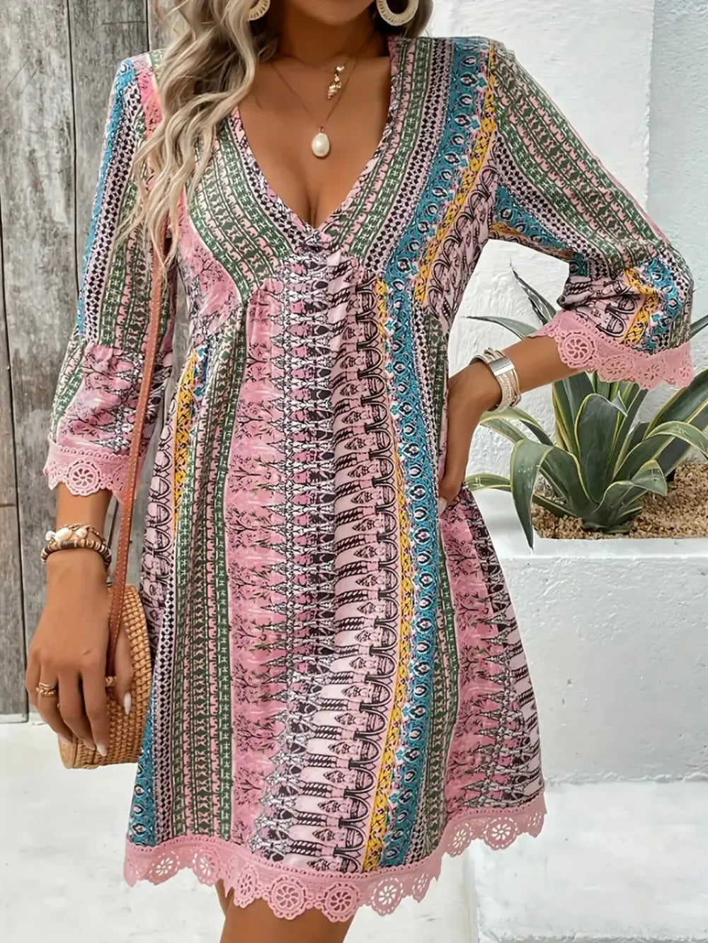 Lace Trim Printed V-Neck 3/4 Sleeve Dress