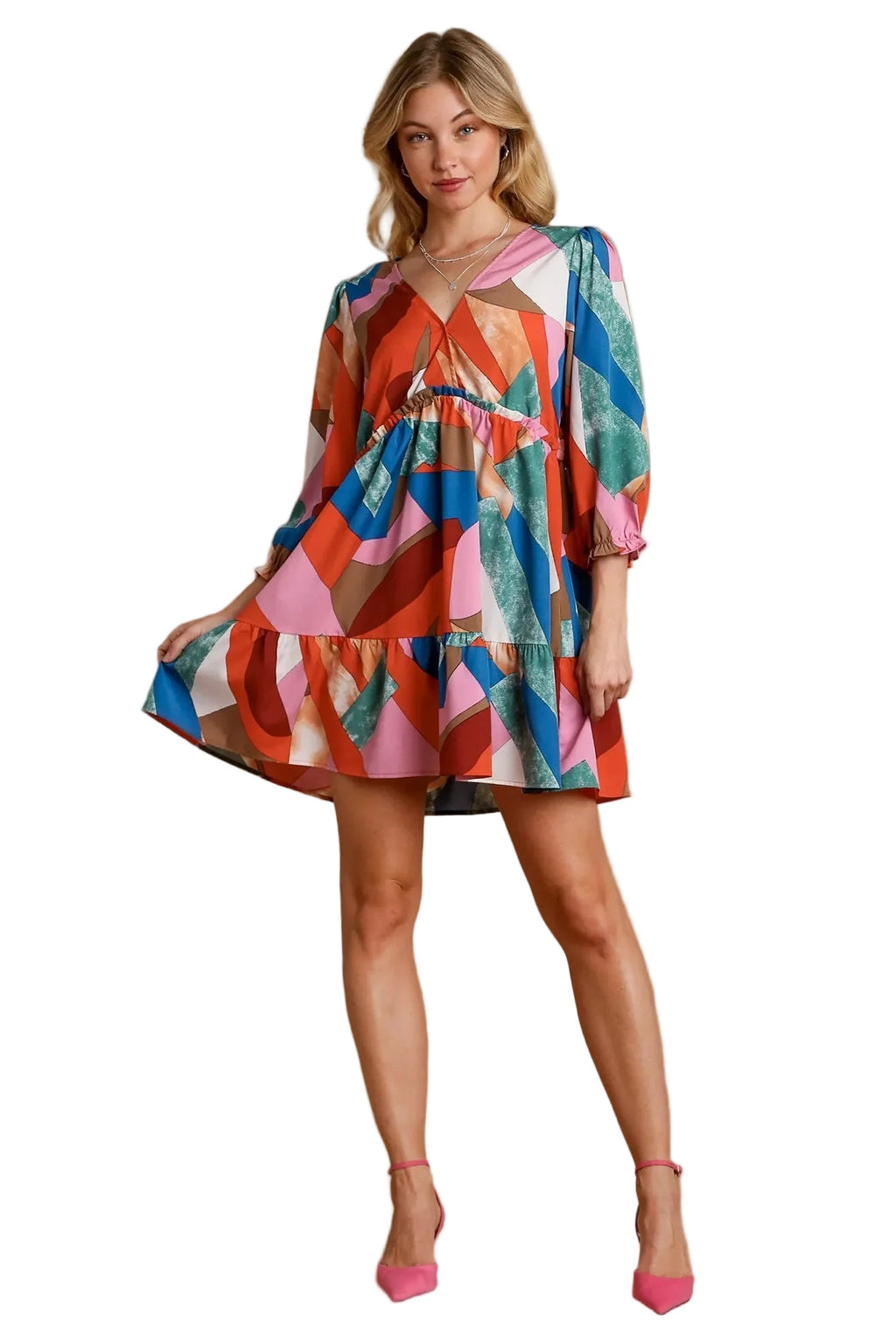 Abstract V-Neck Tiered Printed Dress