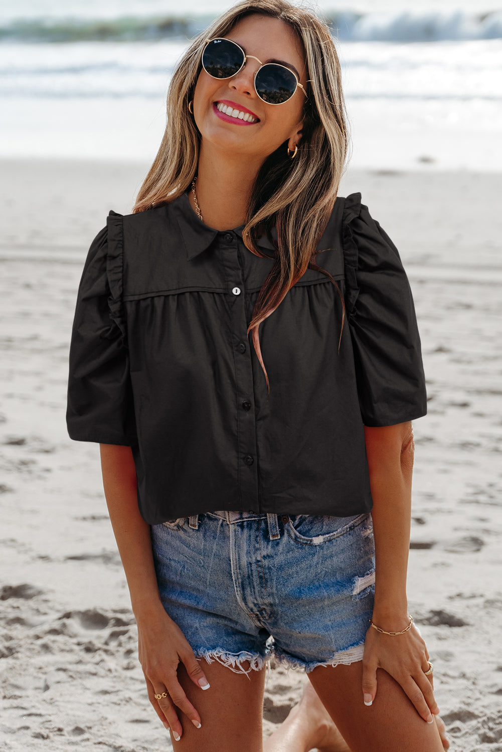 Analeia Frilly Puff Sleeve Stylish Collared Shirt