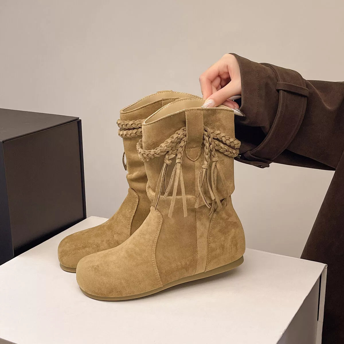 Suede Fringe Round Toe Boots