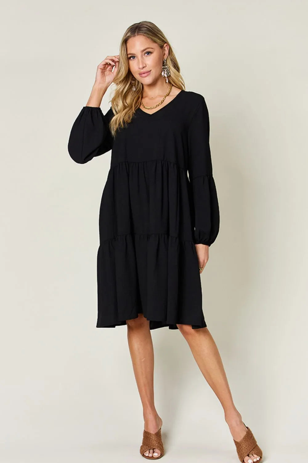 Full-Size V-Neck Balloon Sleeve Tiered Dress with Pockets
