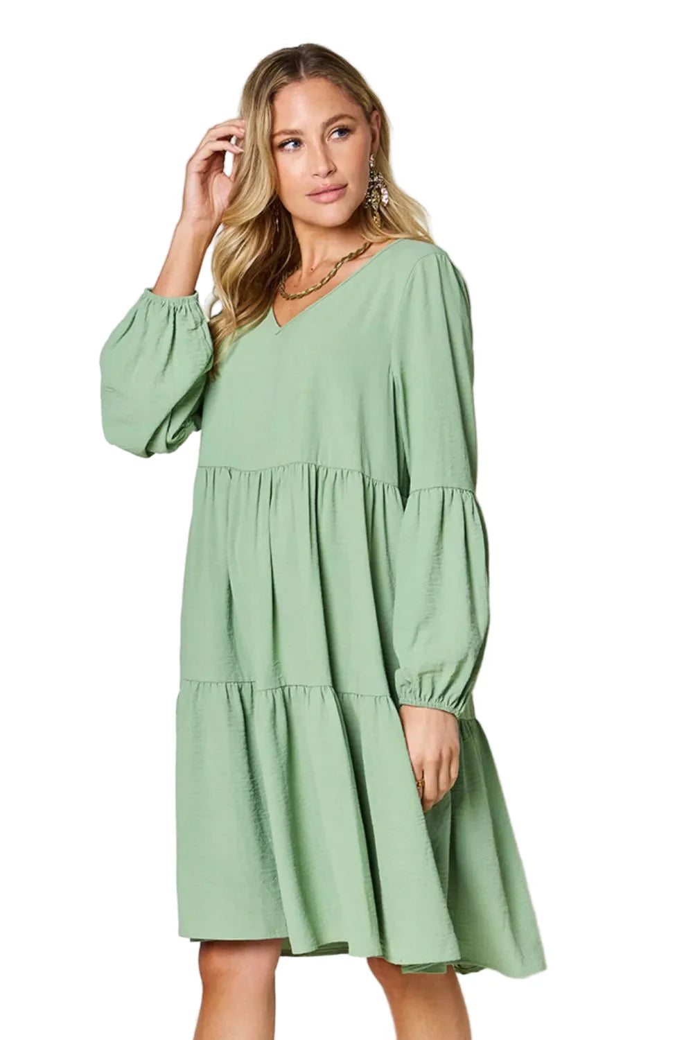 Full-Size V-Neck Balloon Sleeve Tiered Dress with Pockets