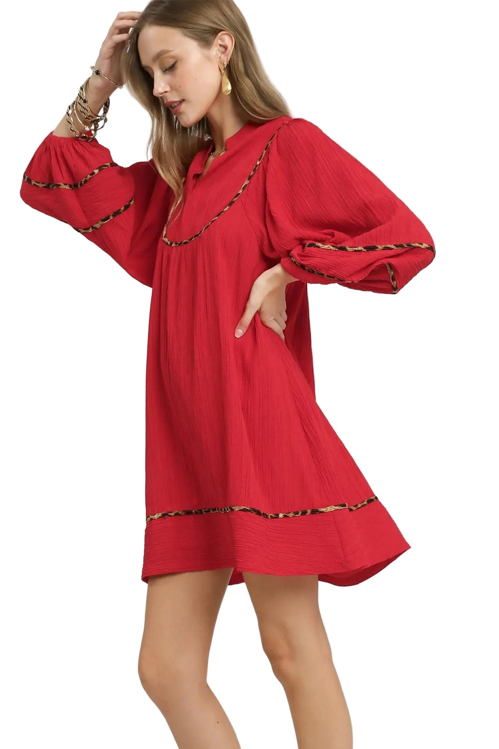 Textured Babydoll Dress with Leopard Trim