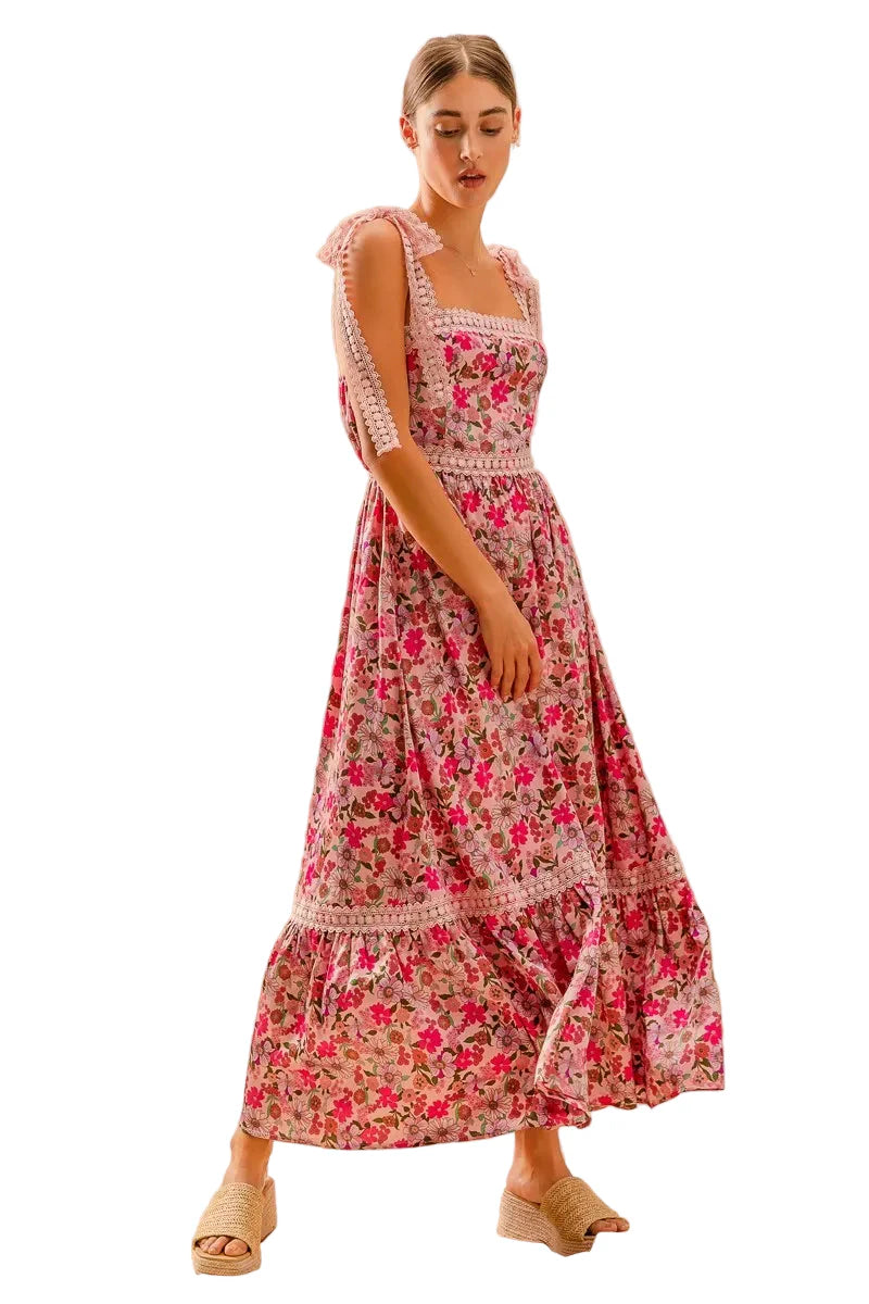 Floral Maxi Dress with Ribbon Tie Lace Strap