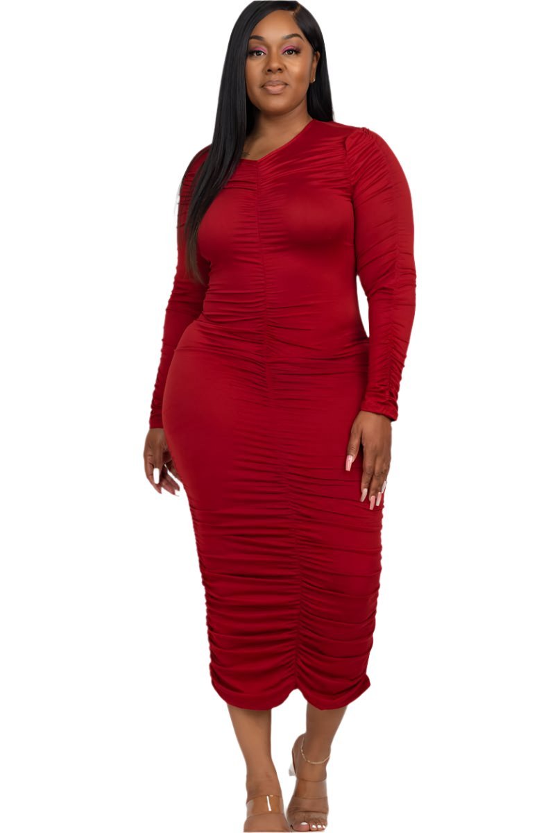Jackie Plus Size Midi Dress - Ruched Long Sleeve Design, Flattering Fit for Every Occasion
