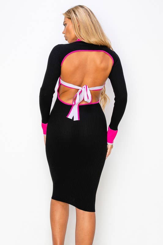 Jessie Cut Out Back Tie Long Sleeve Knit Midi Dress