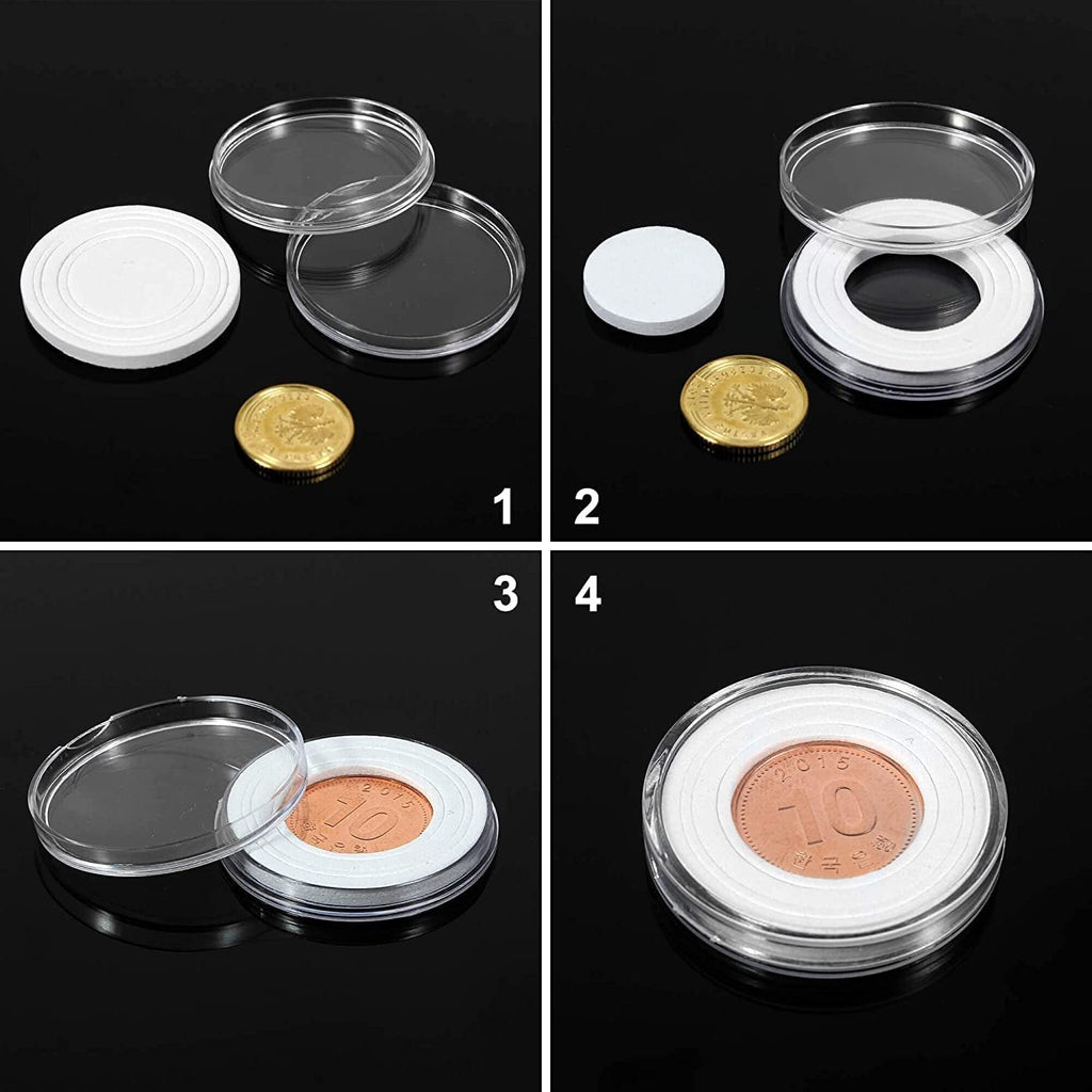 100 Pieces Case Holder for Collectors 30mm Silver Gold Bar Plastic Rounds Coins Capsules Covers with Storage Organizer Box for Copper Pesos Quarters Pennies Dimes Collection Supplies