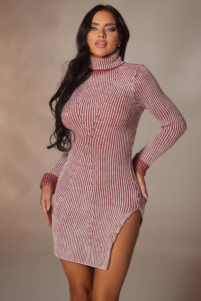 Melissa Knit Mini Dress - Cozy Holiday Sweater Dress With Turtleneck & Slit