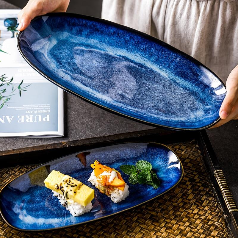 Eye Of Ocean Japanese Glazed Blue Long Plate