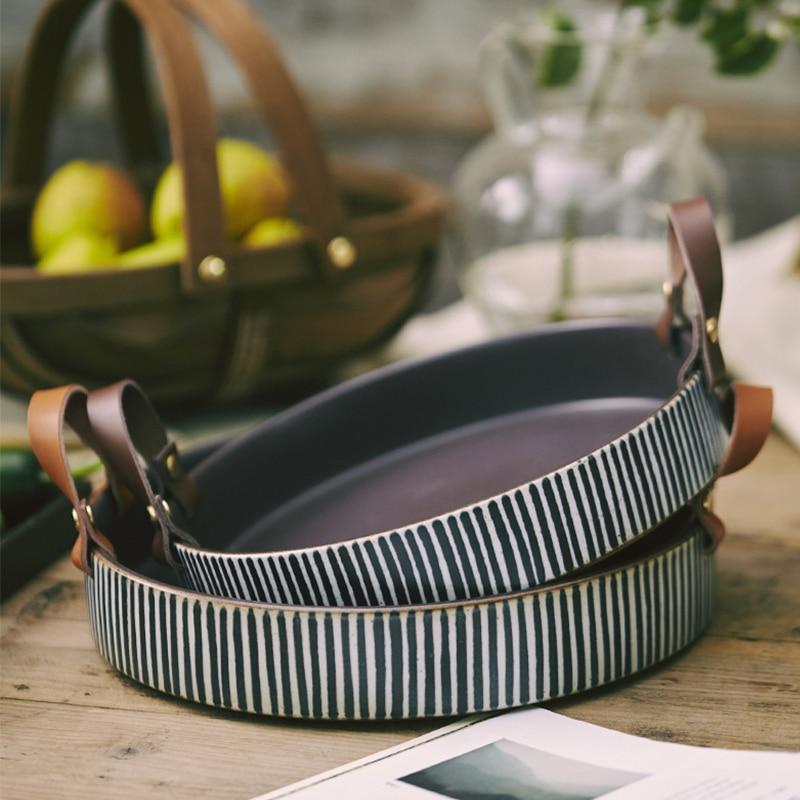Exclusive Striped Ceramic Plate with Leather Handle