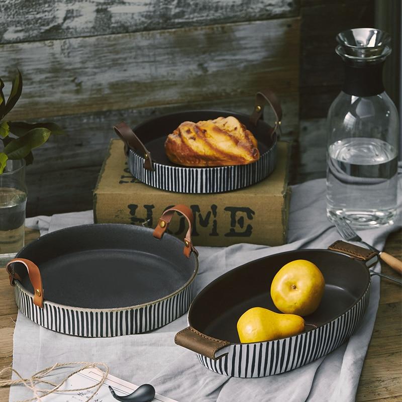 Exclusive Striped Ceramic Plate with Leather Handle