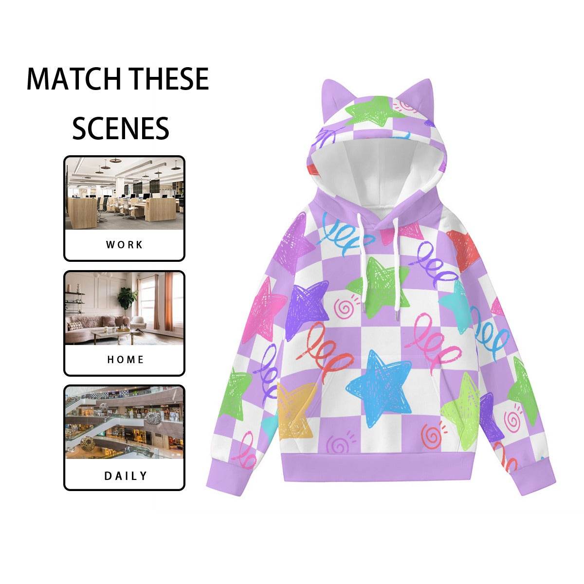 Doodle Purr Checkered Unisex Ears Hoodie