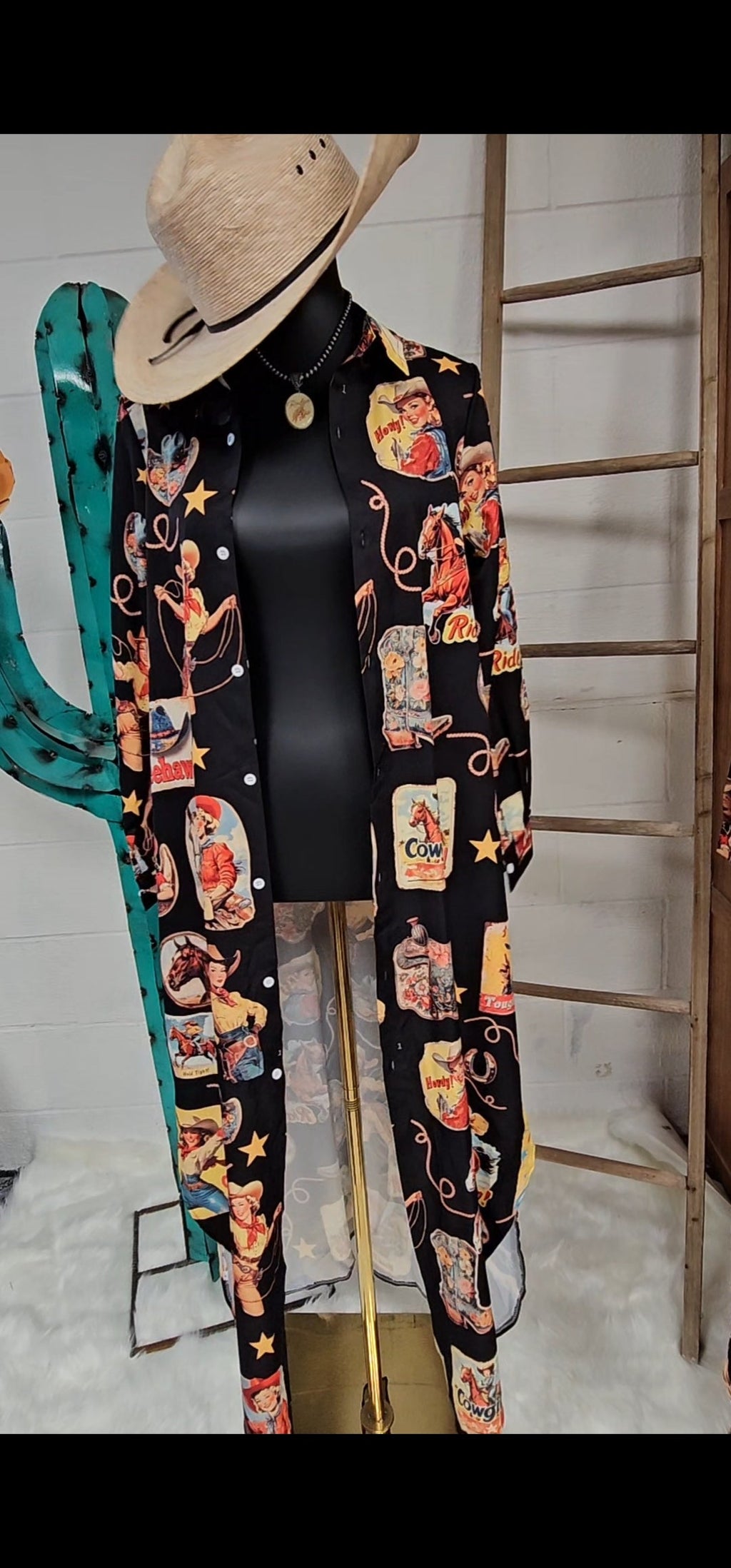 Vintage Cowgirl Collage Western Button-Up Long Sleeve Shirt Dress Duster